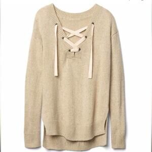 Gap Oatmeal Sweater Lace Up Front Tan Cozy Knit Long Sleeve Old Money Medium